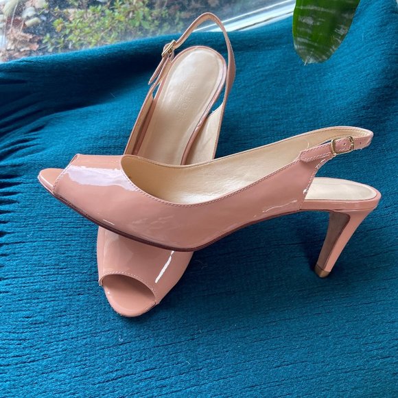 Talbots Shoes - Talbots genuine patent leather sling back nude open toe heels, Size 10